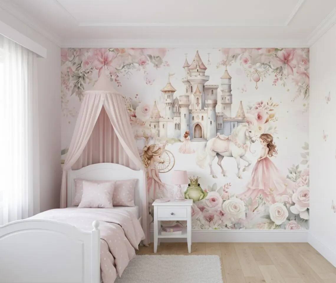 Princess And Castle Nursery Wallpaper Magic Kingdom Fairytale Peel And Stick Wall Mural Girls Room Wall Decor Floral Wallpaper