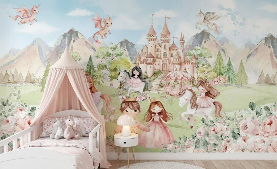 Princess And Castle Nursery Wallpaper Magic Kingdom Fairytale Peel And Stick Wall Mural Girls Room Wall Decor Floral Wallpaper