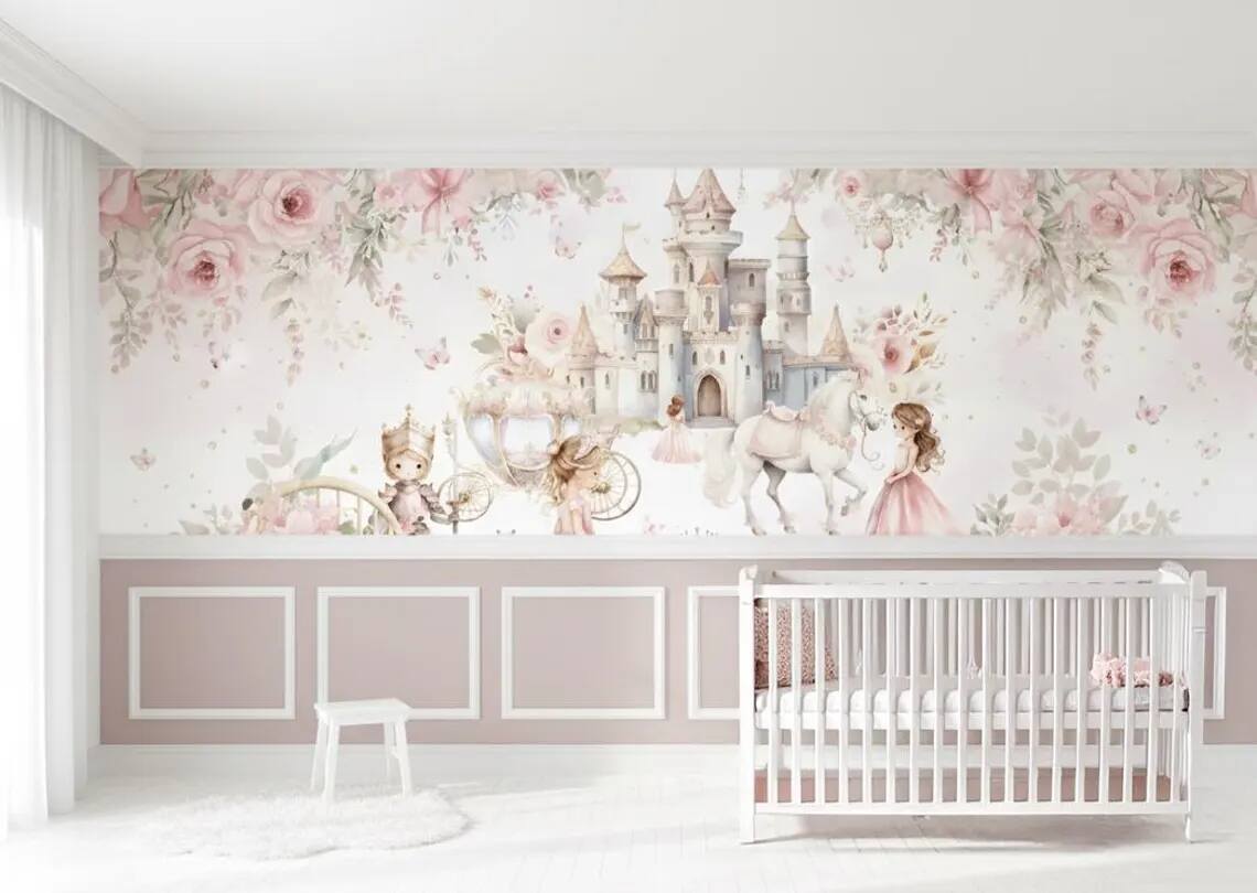 Princess And Castle Nursery Wallpaper Magic Kingdom Fairytale Peel And Stick Wall Mural Girls Room Wall Decor Floral Wallpaper