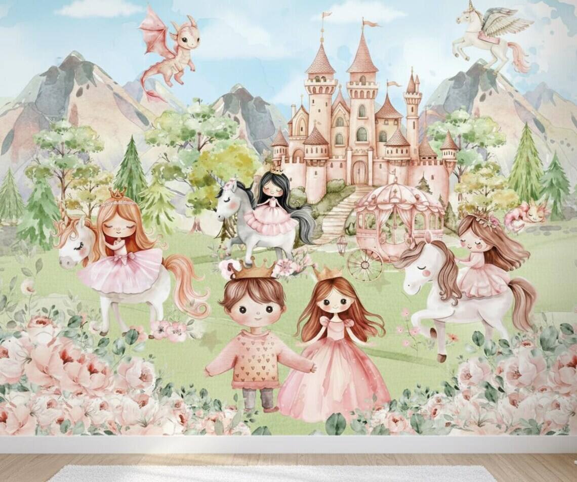 Princess And Castle Nursery Wallpaper Magic Kingdom Fairytale Peel And Stick Wall Mural Girls Room Wall Decor Floral Wallpaper