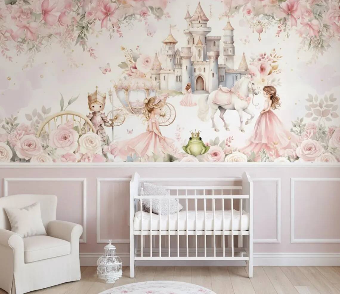 Princess And Castle Nursery Wallpaper Magic Kingdom Fairytale Peel And Stick Wall Mural Girls Room Wall Decor Floral Wallpaper