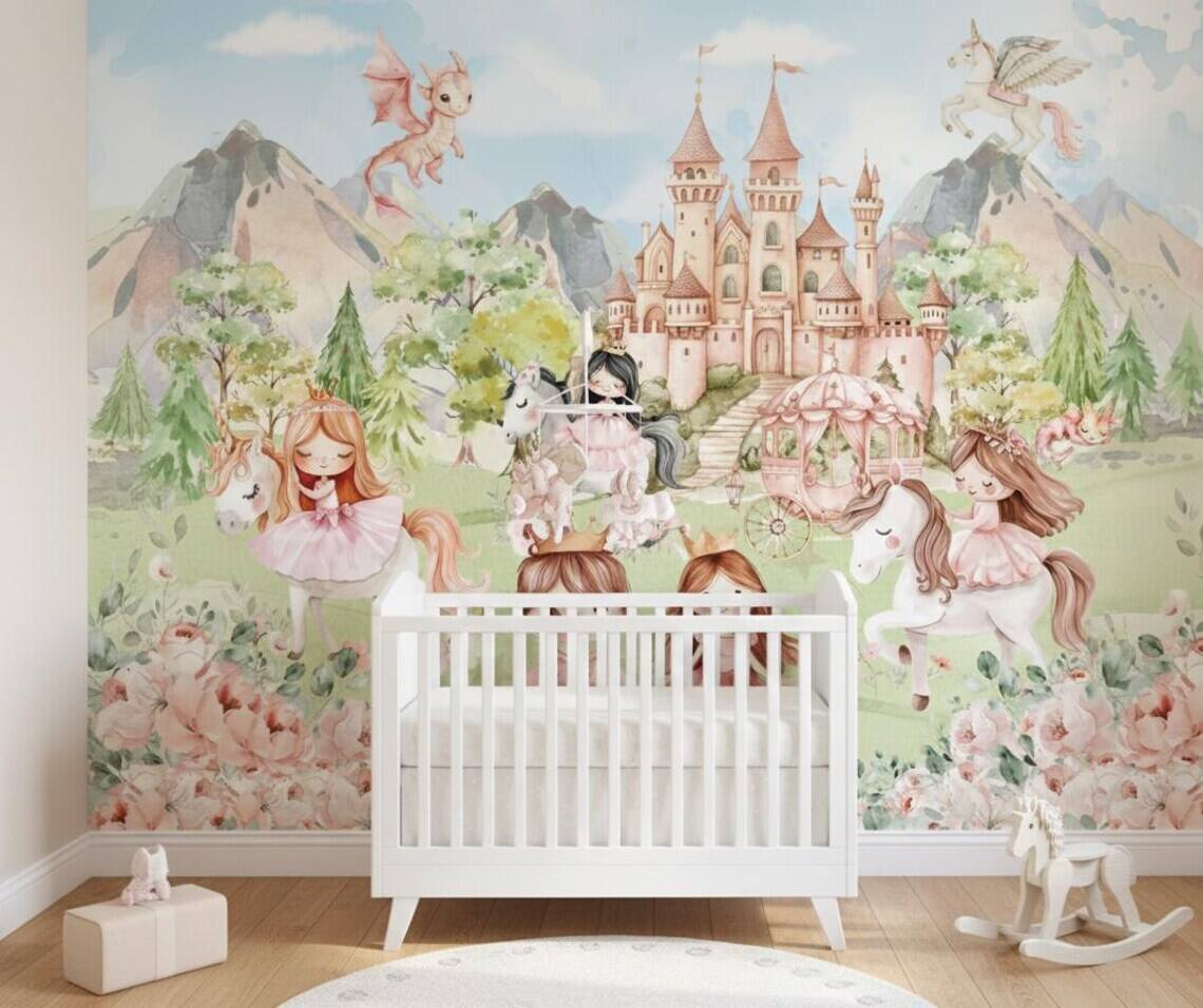 Princess And Castle Nursery Wallpaper Magic Kingdom Fairytale Peel And Stick Wall Mural Girls Room Wall Decor Floral Wallpaper