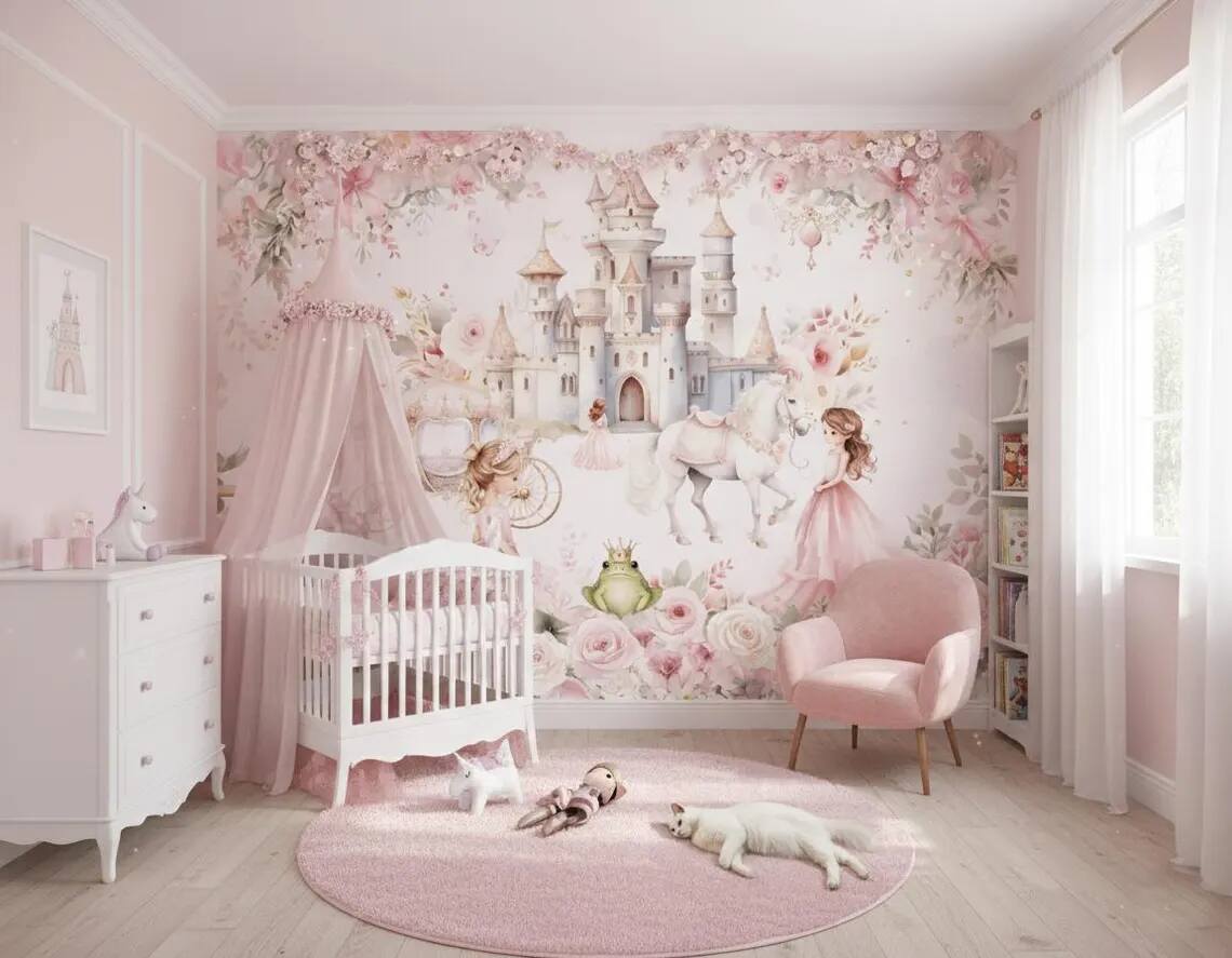 Princess And Castle Nursery Wallpaper Magic Kingdom Fairytale Peel And Stick Wall Mural Girls Room Wall Decor Floral Wallpaper