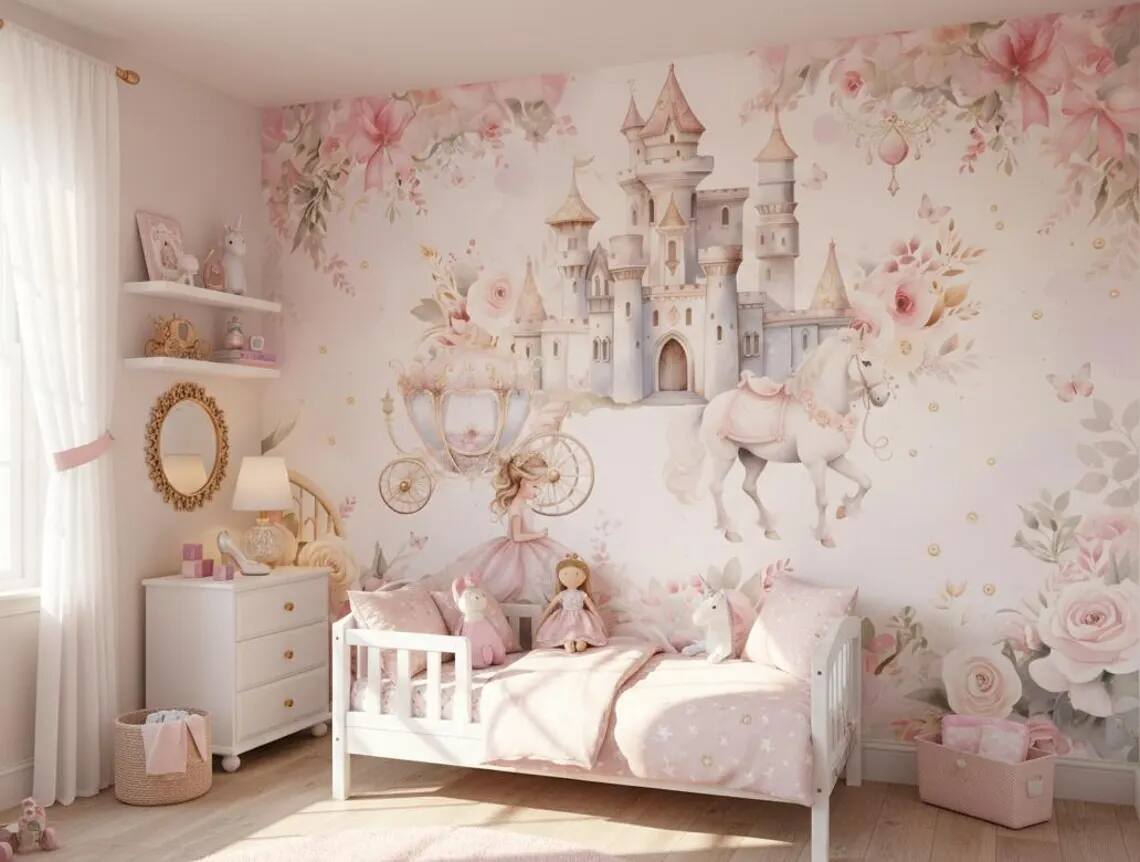 Princess Castle Nursery Wallpaper Fairytale Unicorn Wall Mural Pink Floral Girls Room Decor