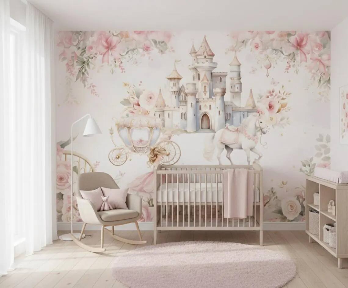 Princess Castle Nursery Wallpaper Fairytale Unicorn Wall Mural Pink Floral Girls Room Decor