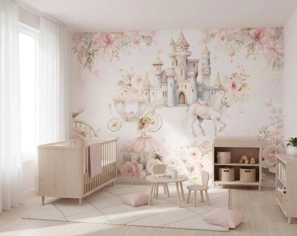 Princess Castle Nursery Wallpaper Fairytale Unicorn Wall Mural Pink Floral Girls Room Decor
