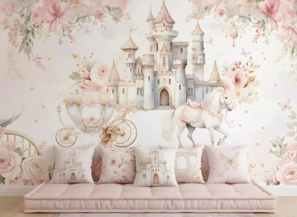Princess Castle Nursery Wallpaper Fairytale Unicorn Wall Mural Pink Floral Girls Room Decor