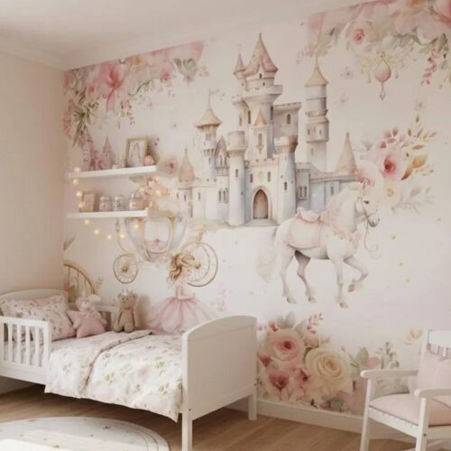 Princess Castle Nursery Wallpaper Fairytale Unicorn Wall Mural Pink Floral Girls Room Decor