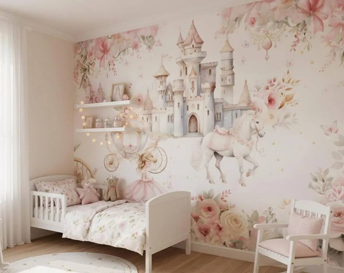 Princess Castle Nursery Wallpaper Fairytale Unicorn Wall Mural Pink Floral Girls Room Decor