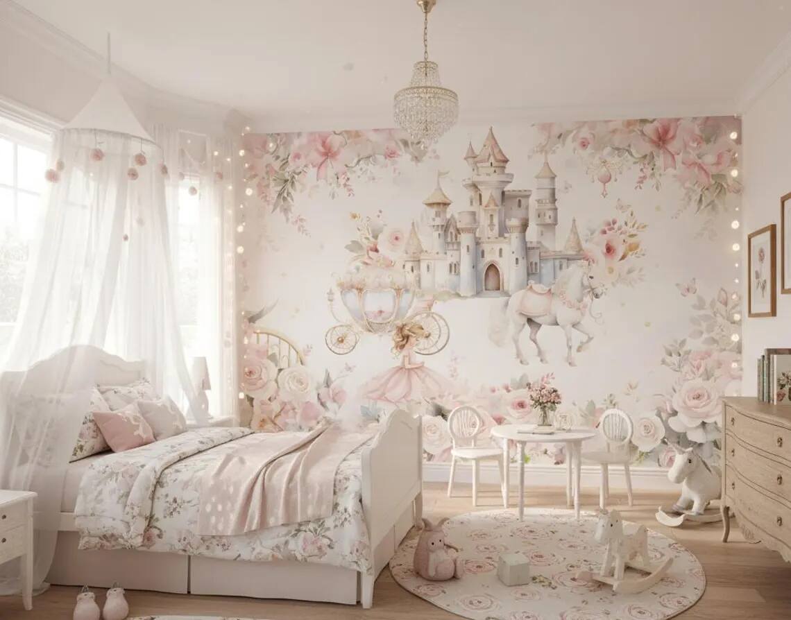 Princess Castle Nursery Wallpaper Fairytale Unicorn Wall Mural Pink Floral Girls Room Decor