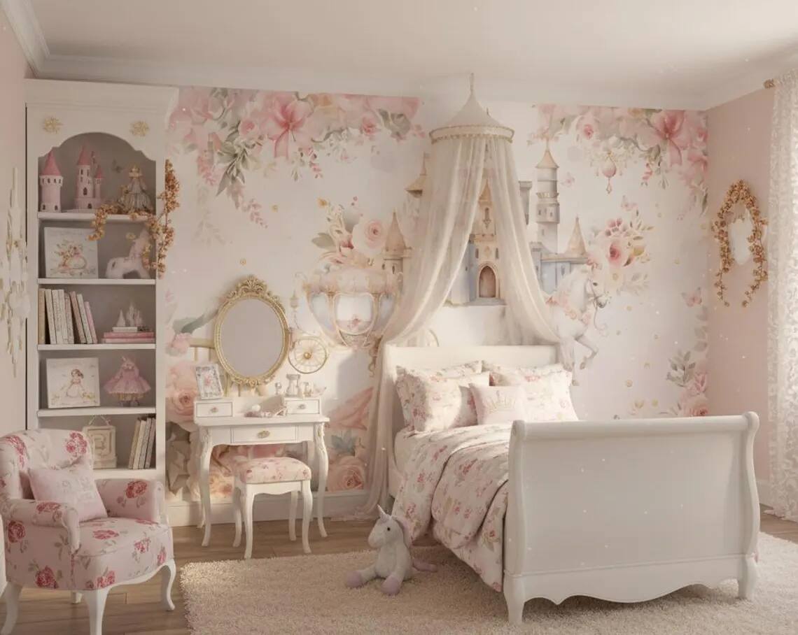 Princess Castle Nursery Wallpaper Fairytale Unicorn Wall Mural Pink Floral Girls Room Decor