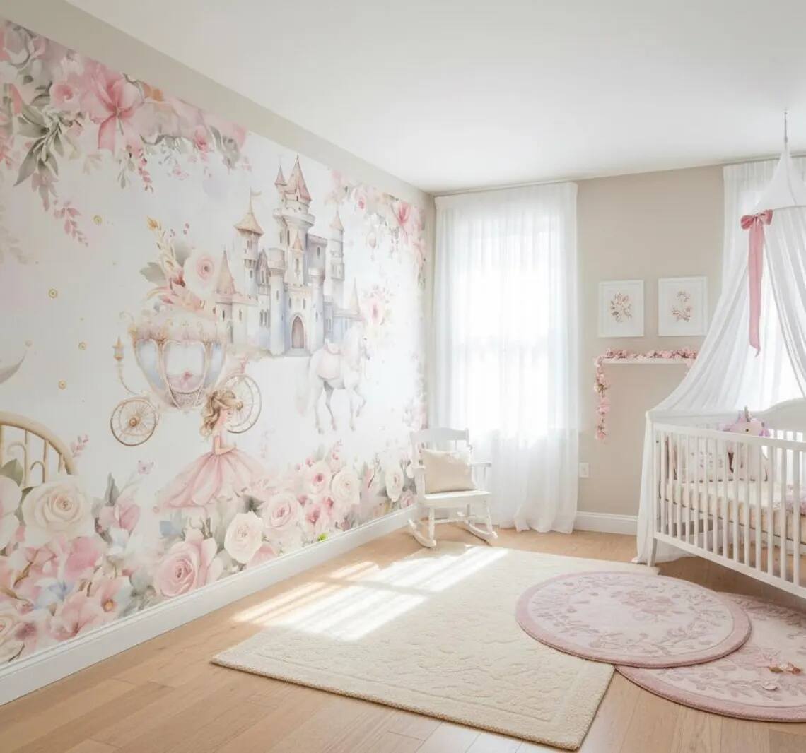 Princess Castle Nursery Wallpaper Fairytale Unicorn Wall Mural Pink Floral Girls Room Decor