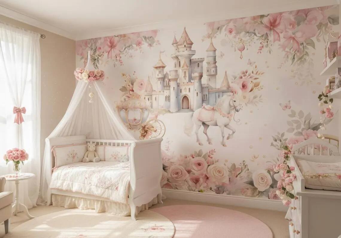Princess Castle Nursery Wallpaper Fairytale Unicorn Wall Mural Pink Floral Girls Room Decor