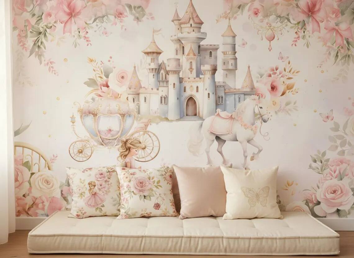 Princess Castle Nursery Wallpaper Fairytale Unicorn Wall Mural Pink Floral Girls Room Decor