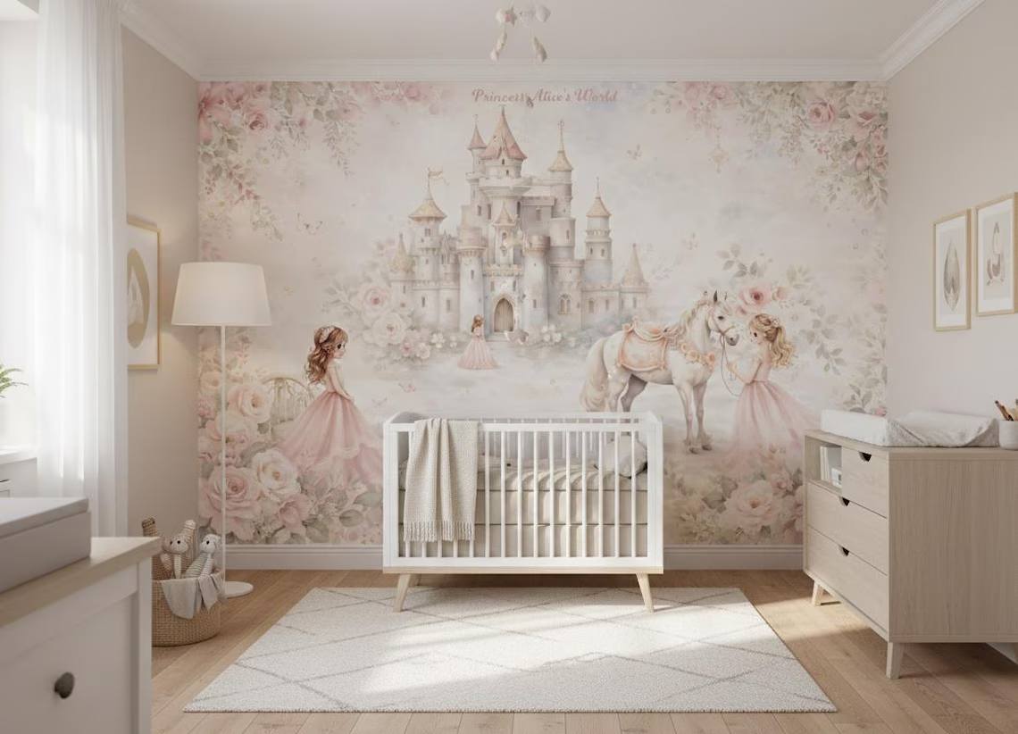 Princess Castle Nursery Wallpaper Mural Fairytale Girls Room Decor Peel Stick