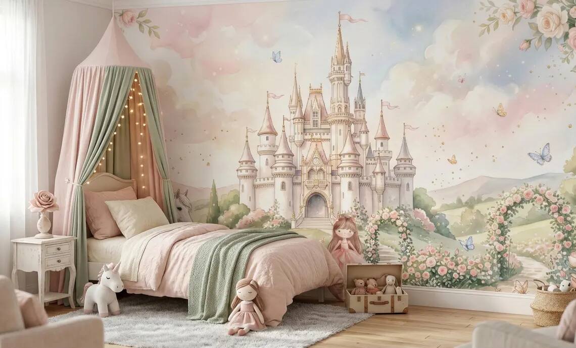 Princess Castle Wallpaper Mural Fairytale Girls Room Pastel Unicorn Garden Decor Peel Stick