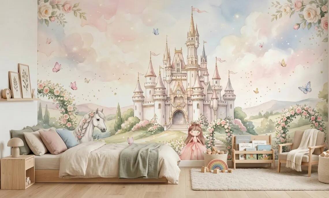 Princess Castle Wallpaper Mural Fairytale Girls Room Pastel Unicorn Garden Decor Peel Stick