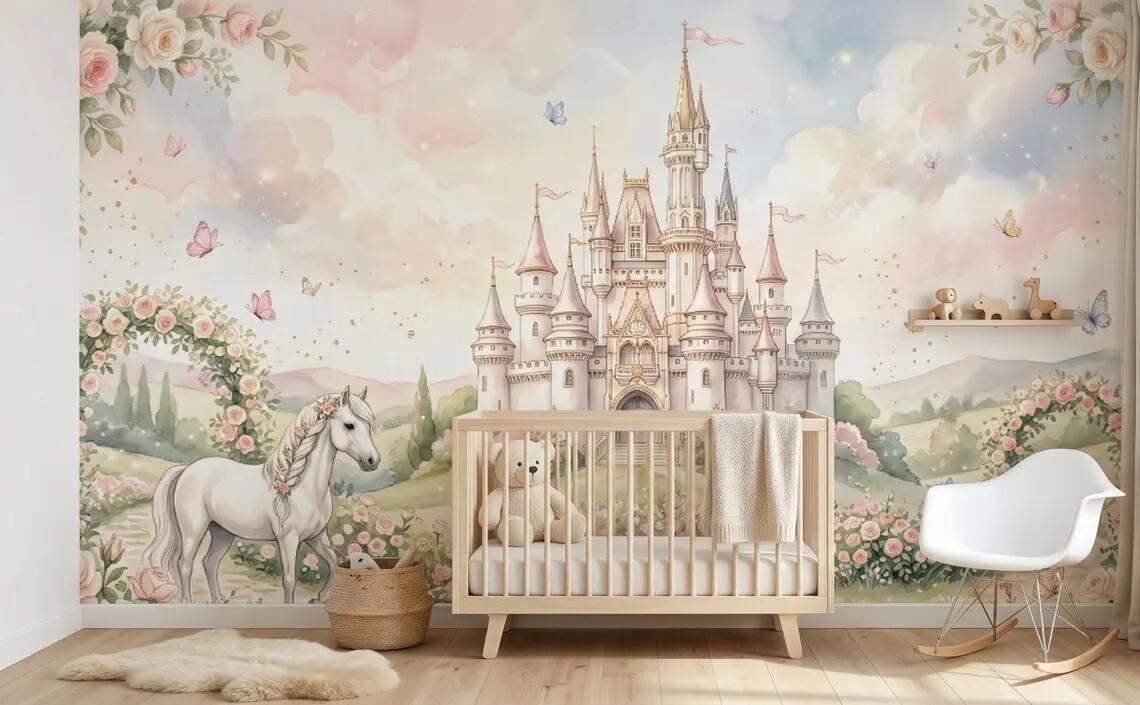 Princess Castle Wallpaper Mural Fairytale Girls Room Pastel Unicorn Garden Decor Peel Stick