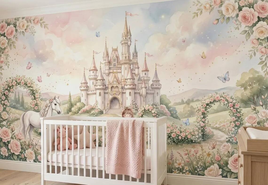 Princess Castle Wallpaper Mural Fairytale Girls Room Pastel Unicorn Garden Decor Peel Stick