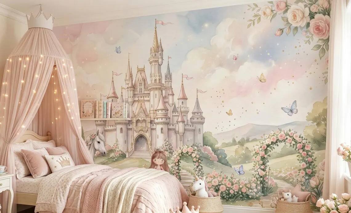 Princess Castle Wallpaper Mural Fairytale Girls Room Pastel Unicorn Garden Decor Peel Stick