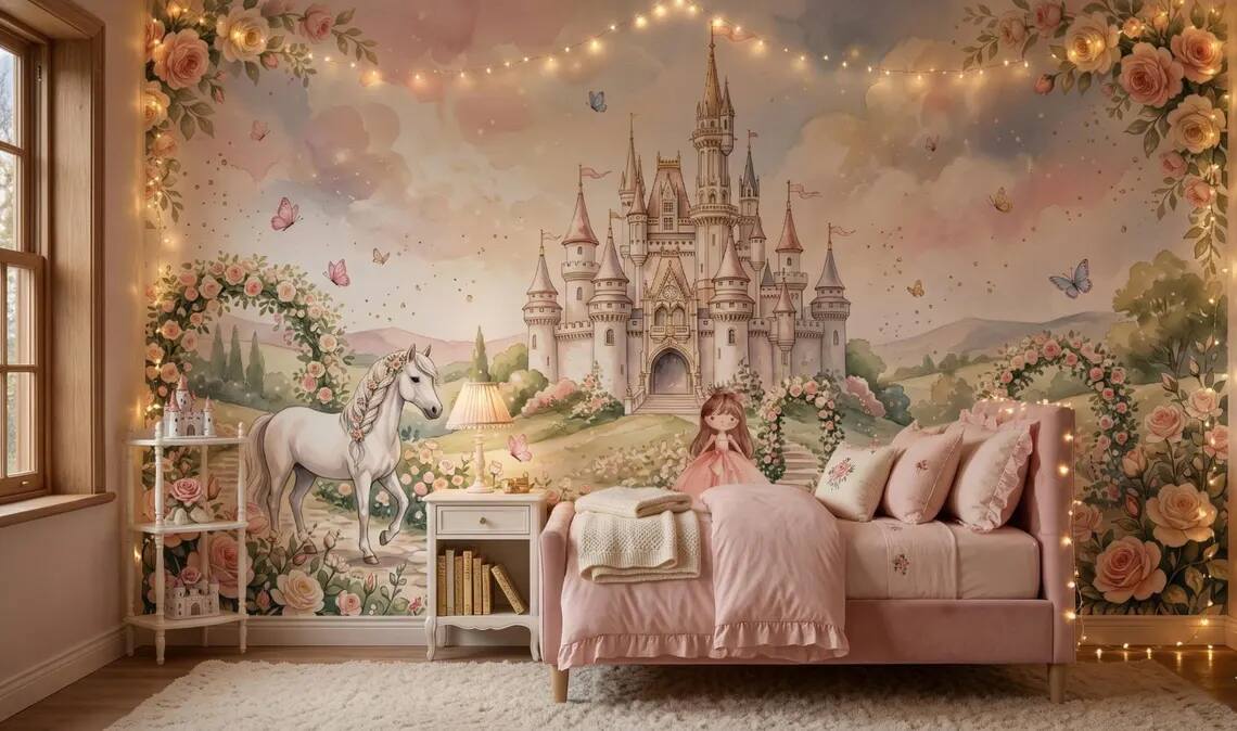 Princess Castle Wallpaper Mural Fairytale Girls Room Pastel Unicorn Garden Decor Peel Stick