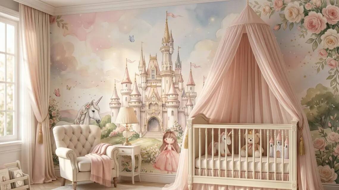 Princess Castle Wallpaper Mural Fairytale Girls Room Pastel Unicorn Garden Decor Peel Stick