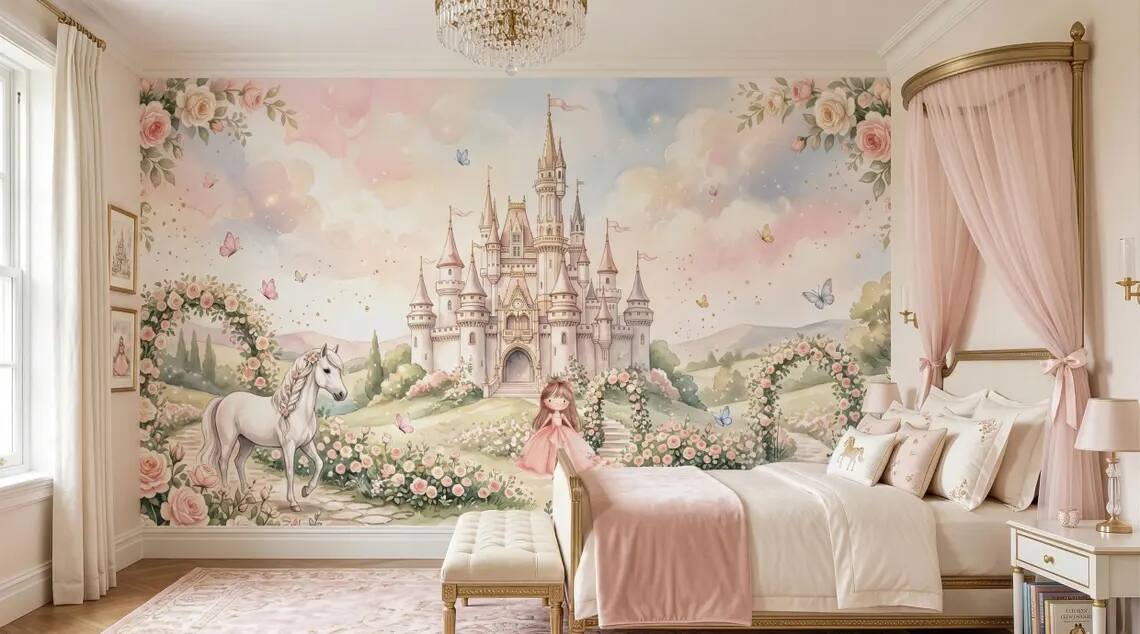 Princess Castle Wallpaper Mural Fairytale Girls Room Pastel Unicorn Garden Decor Peel Stick