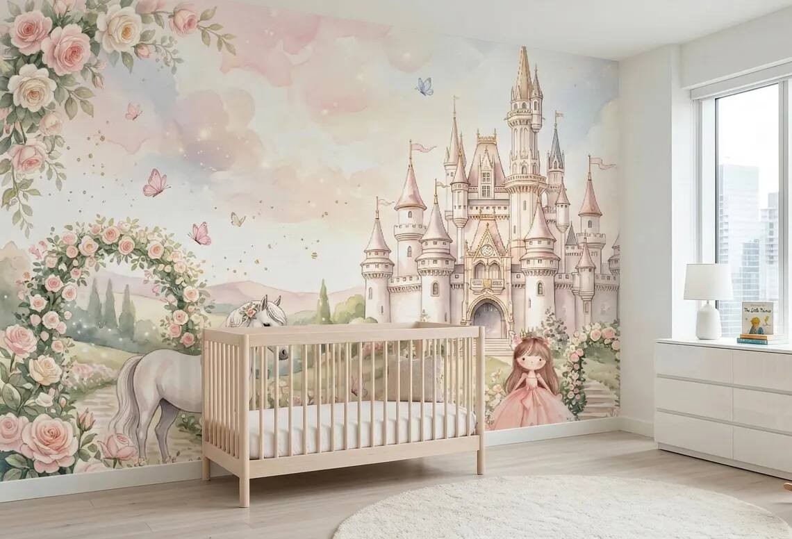 Princess Castle Wallpaper Mural Fairytale Girls Room Pastel Unicorn Garden Decor Peel Stick