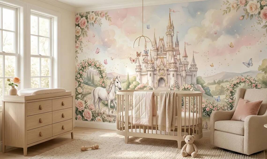 Princess Castle Wallpaper Mural Fairytale Girls Room Pastel Unicorn Garden Decor Peel Stick