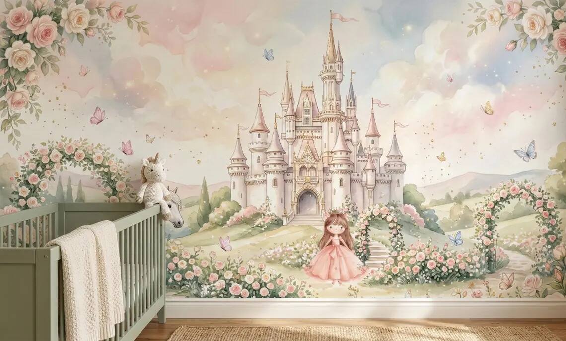Princess Castle Wallpaper Mural Fairytale Girls Room Pastel Unicorn Garden Decor Peel Stick