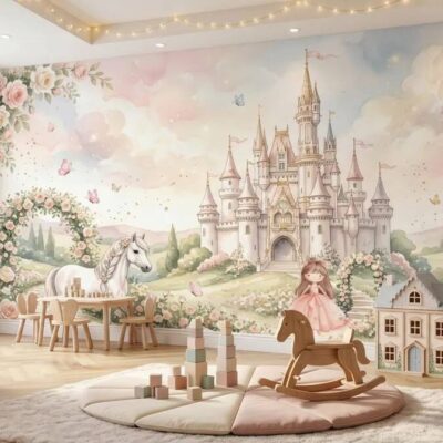Princess Castle Wallpaper Mural Fairytale Girls Room Pastel Unicorn Garden Decor Peel Stick