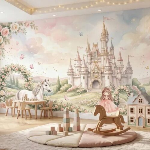 Princess Castle Wallpaper Mural Fairytale Girls Room Pastel Unicorn Garden Decor Peel Stick