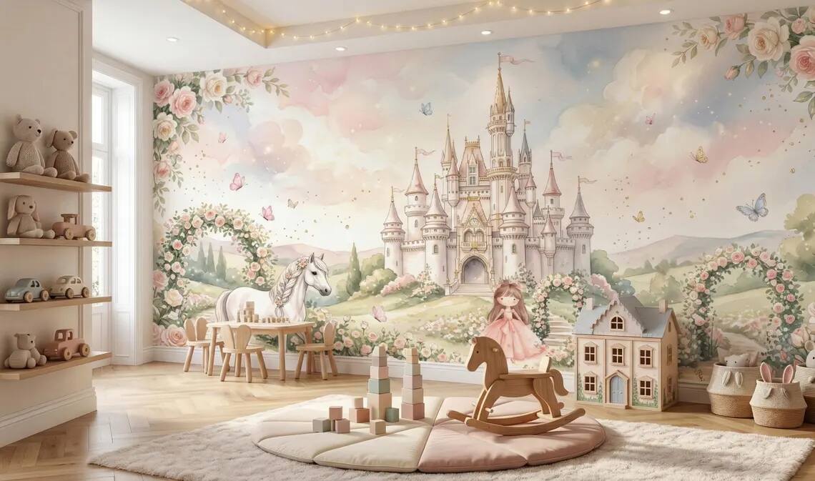 Princess Castle Wallpaper Mural Fairytale Girls Room Pastel Unicorn Garden Decor Peel Stick