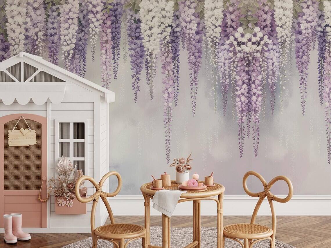 Purple Floral Peel And Stick Wallpaper Wisteria Nursery Wall Mural Girls Bedroom Removable Wallpaper Pastel Flower Kids Room Decor