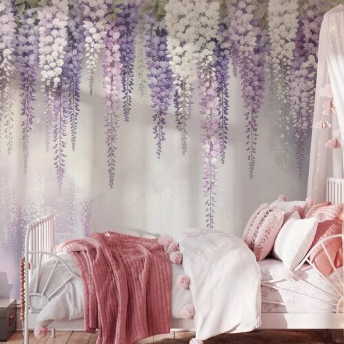 Purple Floral Peel And Stick Wallpaper Wisteria Nursery Wall Mural Girls Bedroom Removable Wallpaper Pastel Flower Kids Room Decor
