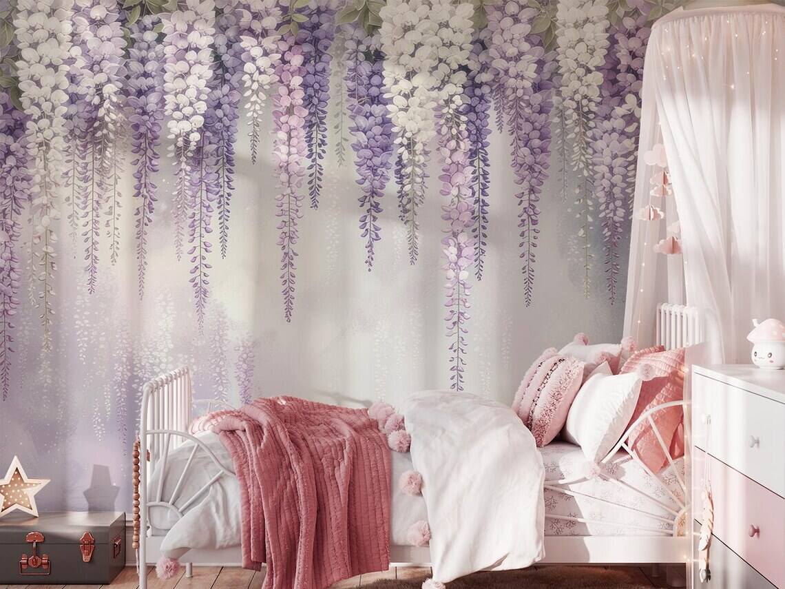 Purple Floral Peel And Stick Wallpaper Wisteria Nursery Wall Mural Girls Bedroom Removable Wallpaper Pastel Flower Kids Room Decor