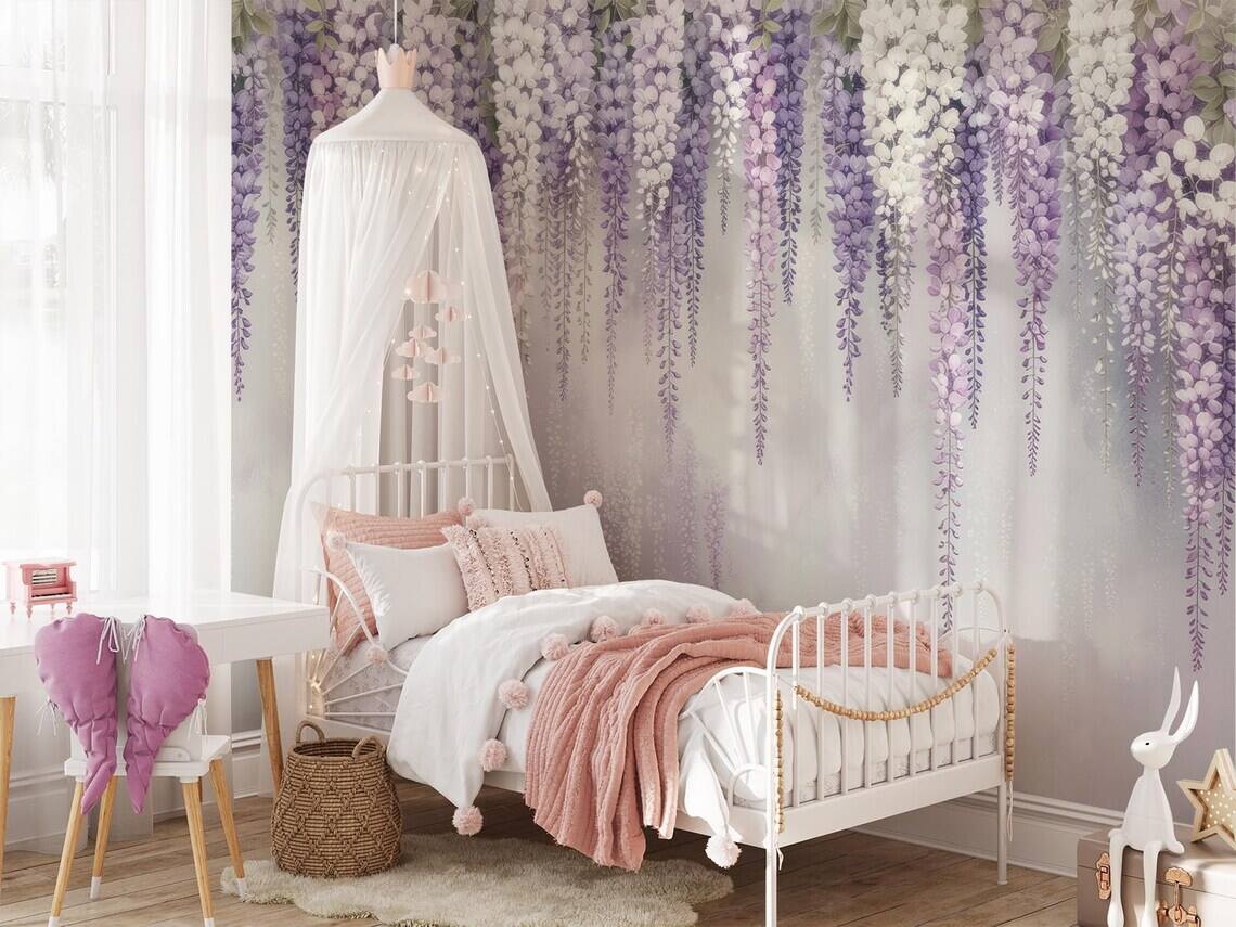 Purple Floral Peel And Stick Wallpaper Wisteria Nursery Wall Mural Girls Bedroom Removable Wallpaper Pastel Flower Kids Room Decor