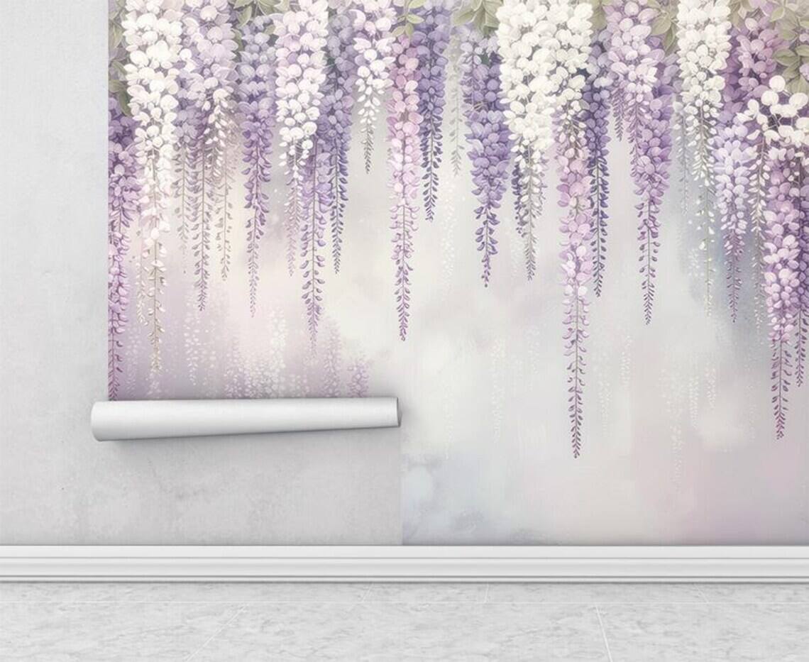 Purple Floral Peel And Stick Wallpaper Wisteria Nursery Wall Mural Girls Bedroom Removable Wallpaper Pastel Flower Kids Room Decor