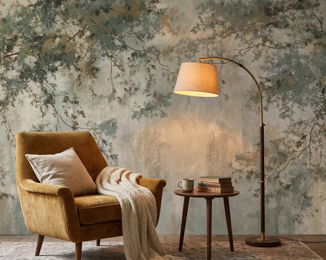 Sage Green Botanical Peel And Stick Wallpaper Soft Tree Branch Wall Mural Japandi Nature Wallpaper Minimal Botanical Wall Art