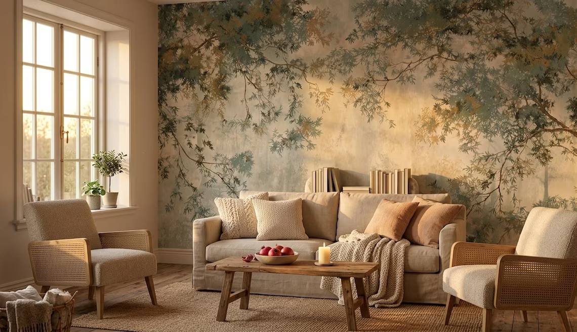 Sage Green Botanical Peel And Stick Wallpaper Soft Tree Branch Wall Mural Japandi Nature Wallpaper Minimal Botanical Wall Art