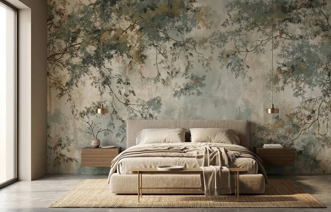 Sage Green Botanical Peel And Stick Wallpaper Soft Tree Branch Wall Mural Japandi Nature Wallpaper Minimal Botanical Wall Art
