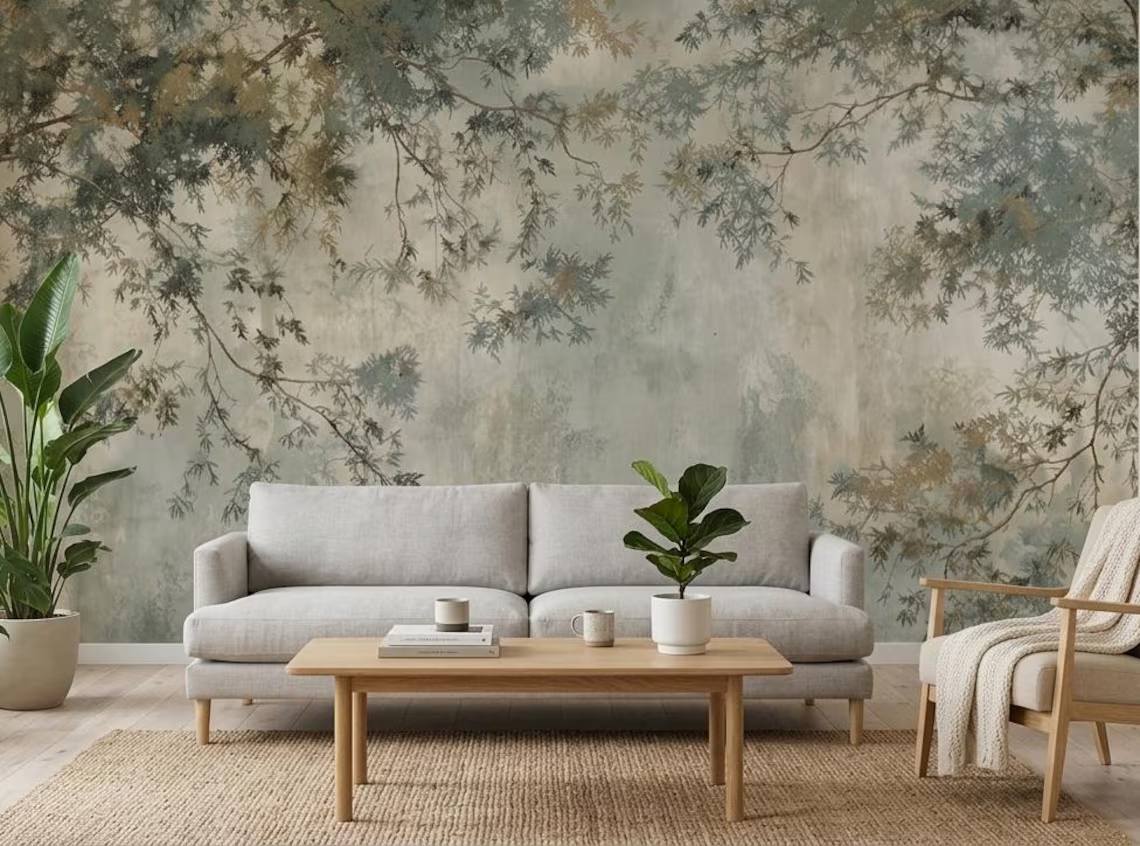 Sage Green Botanical Peel And Stick Wallpaper Soft Tree Branch Wall Mural Japandi Nature Wallpaper Minimal Botanical Wall Art