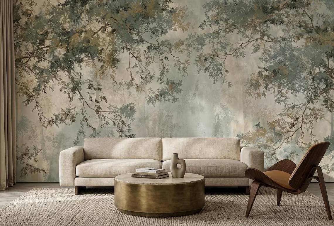 Sage Green Botanical Peel And Stick Wallpaper Soft Tree Branch Wall Mural Japandi Nature Wallpaper Minimal Botanical Wall Art