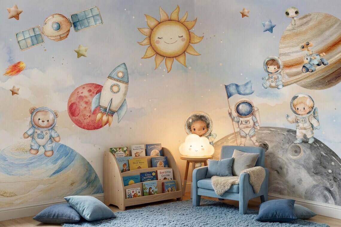 Space Nursery Mural Astronaut Solar System Kids Room Rocket Moon Baby Peel And Stick