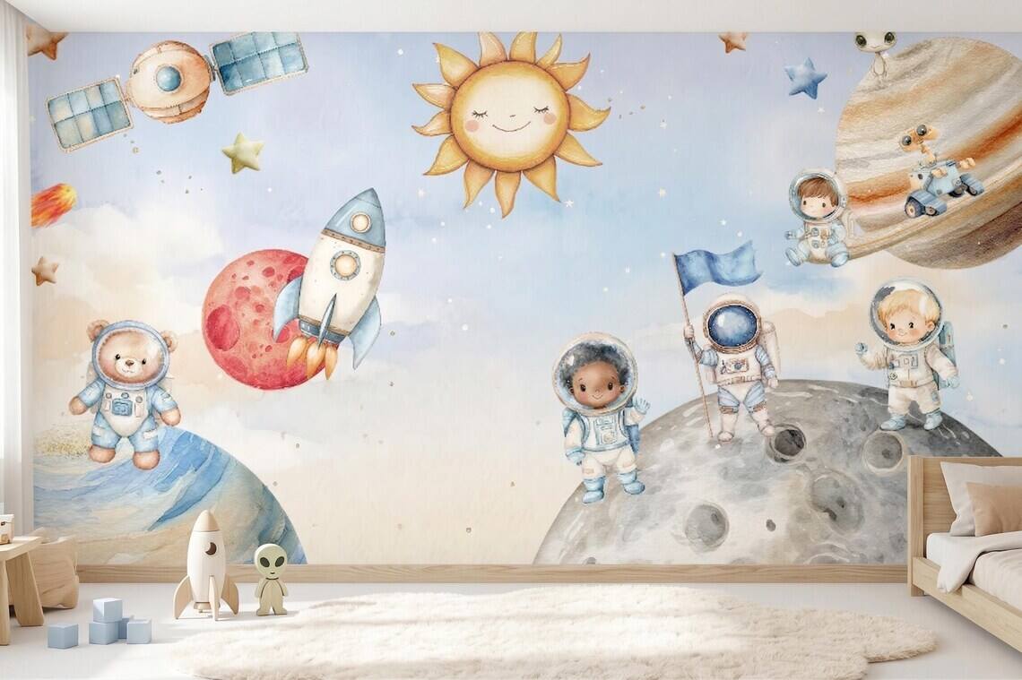 Space Nursery Mural Astronaut Solar System Kids Room Rocket Moon Baby Peel And Stick