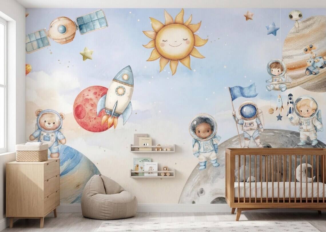 Space Nursery Mural Astronaut Solar System Kids Room Rocket Moon Baby Peel And Stick