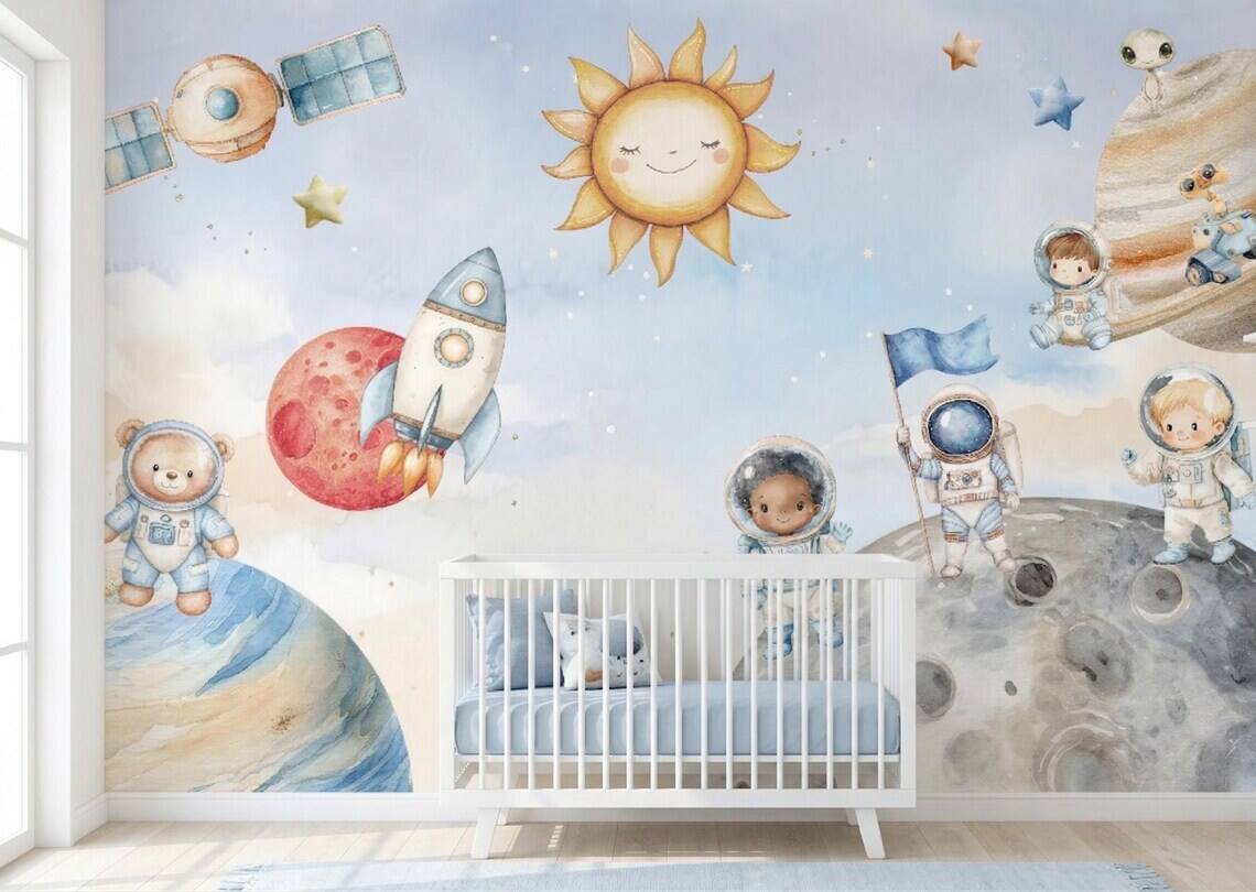 Space Nursery Mural Astronaut Solar System Kids Room Rocket Moon Baby Peel And Stick