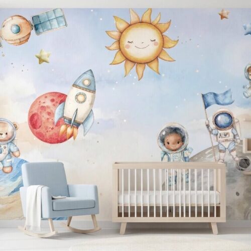 Space Nursery Mural Astronaut Solar System Kids Room Rocket Moon Baby Peel And Stick