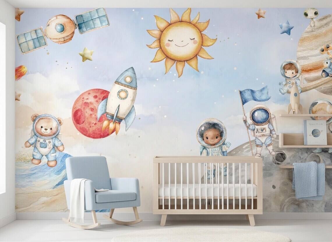 Space Nursery Mural Astronaut Solar System Kids Room Rocket Moon Baby Peel And Stick