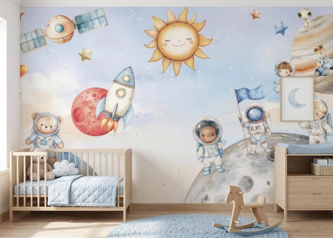 Space Nursery Mural Astronaut Solar System Kids Room Rocket Moon Baby Peel And Stick